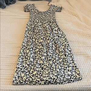 Smocked Floral Maxi Dress in Black and Cream